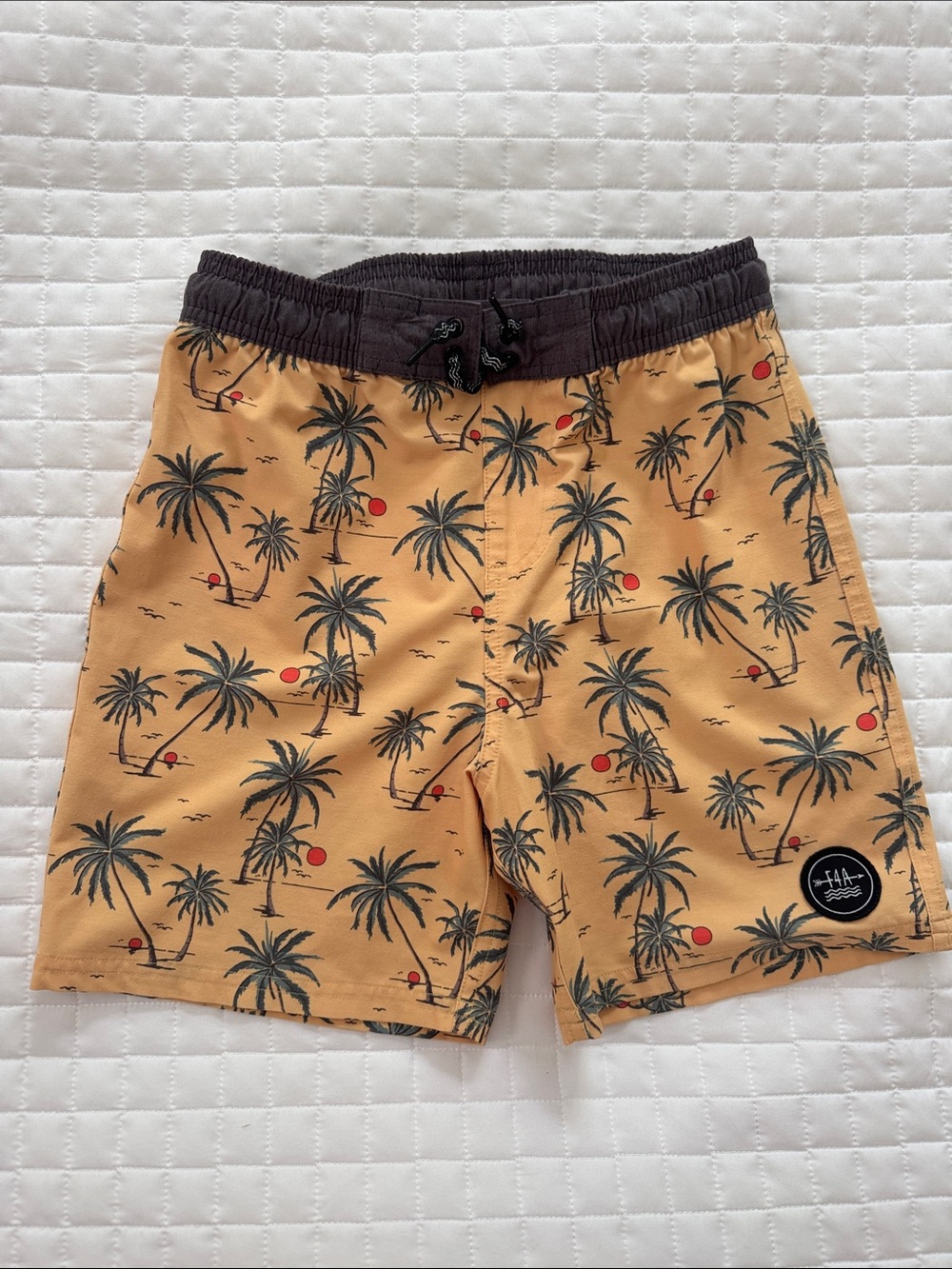 Kids Palm-Print Swim Trunks in Tan with Elastic Waist